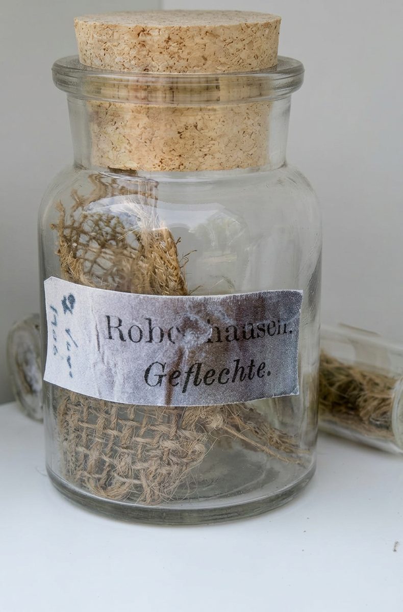 Altes Probenfl&auml;schchen mit der Aufschrift Robenhausen Geflechte