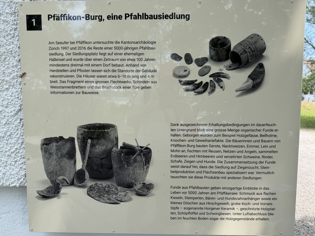 Infotafel Pf&auml;ffikon-Burg, eine Pfahlbausiedlung, mit Keramik- und Schmuckfunden